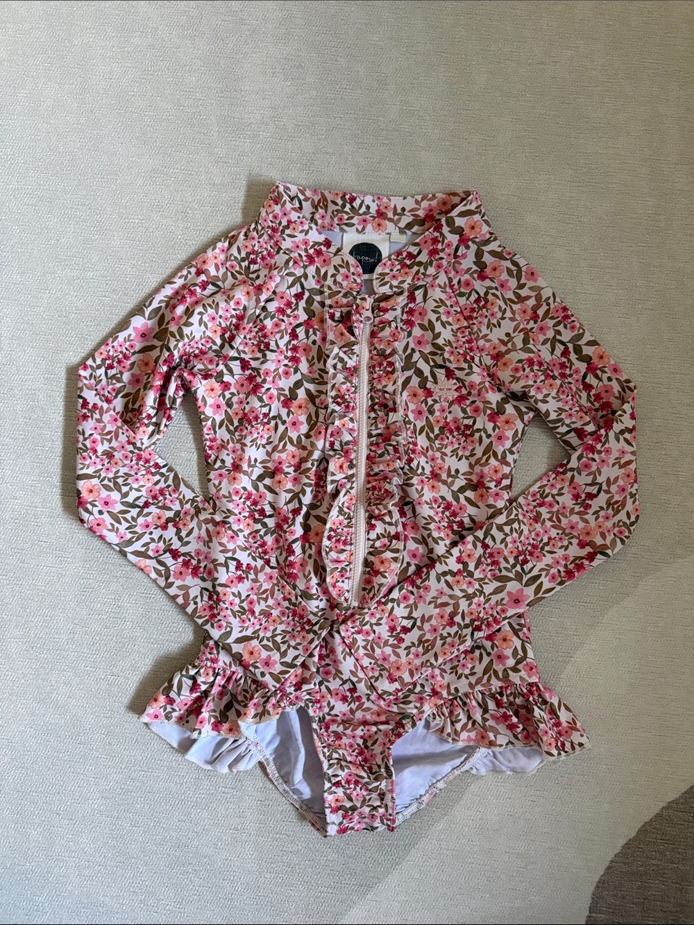 Floral Long-Sleeve Ruffle One-Piece Swimsuit - Pink